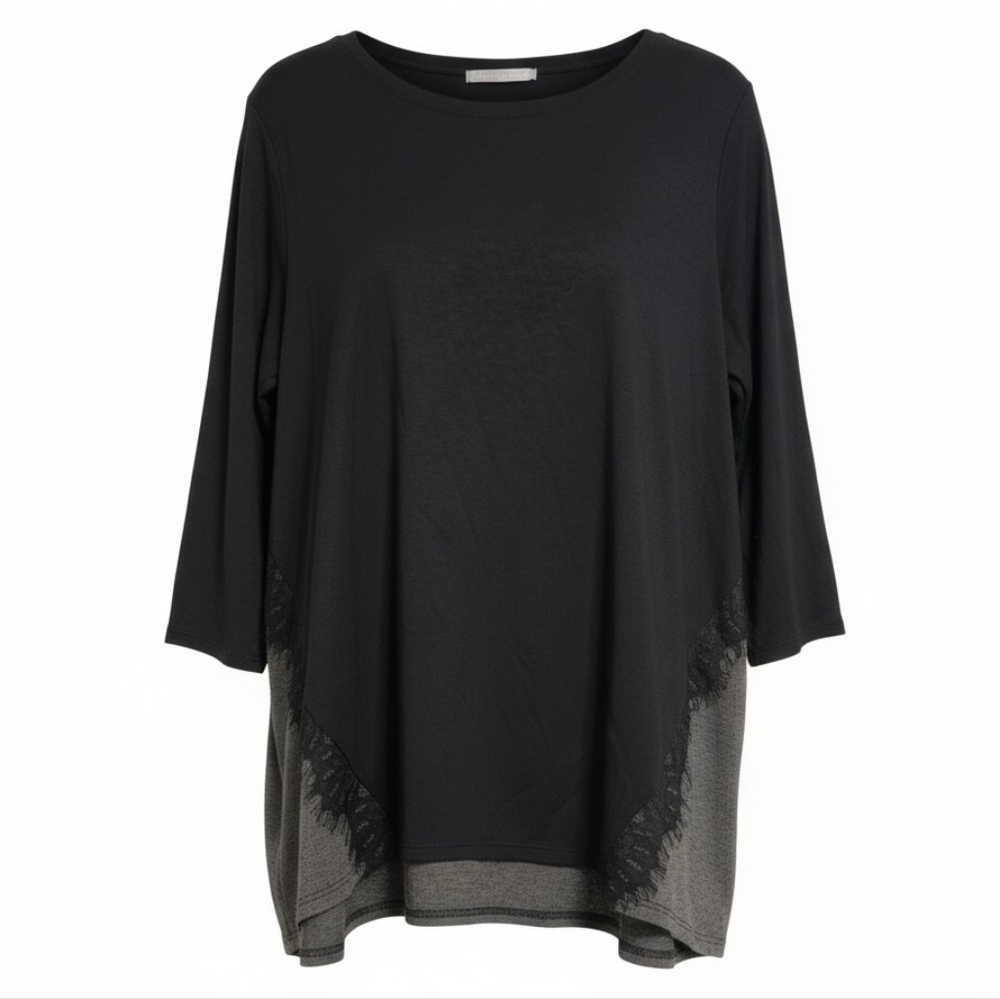 Loveappella Gray And Black Lace 3/4 Sleeve Top Size Large